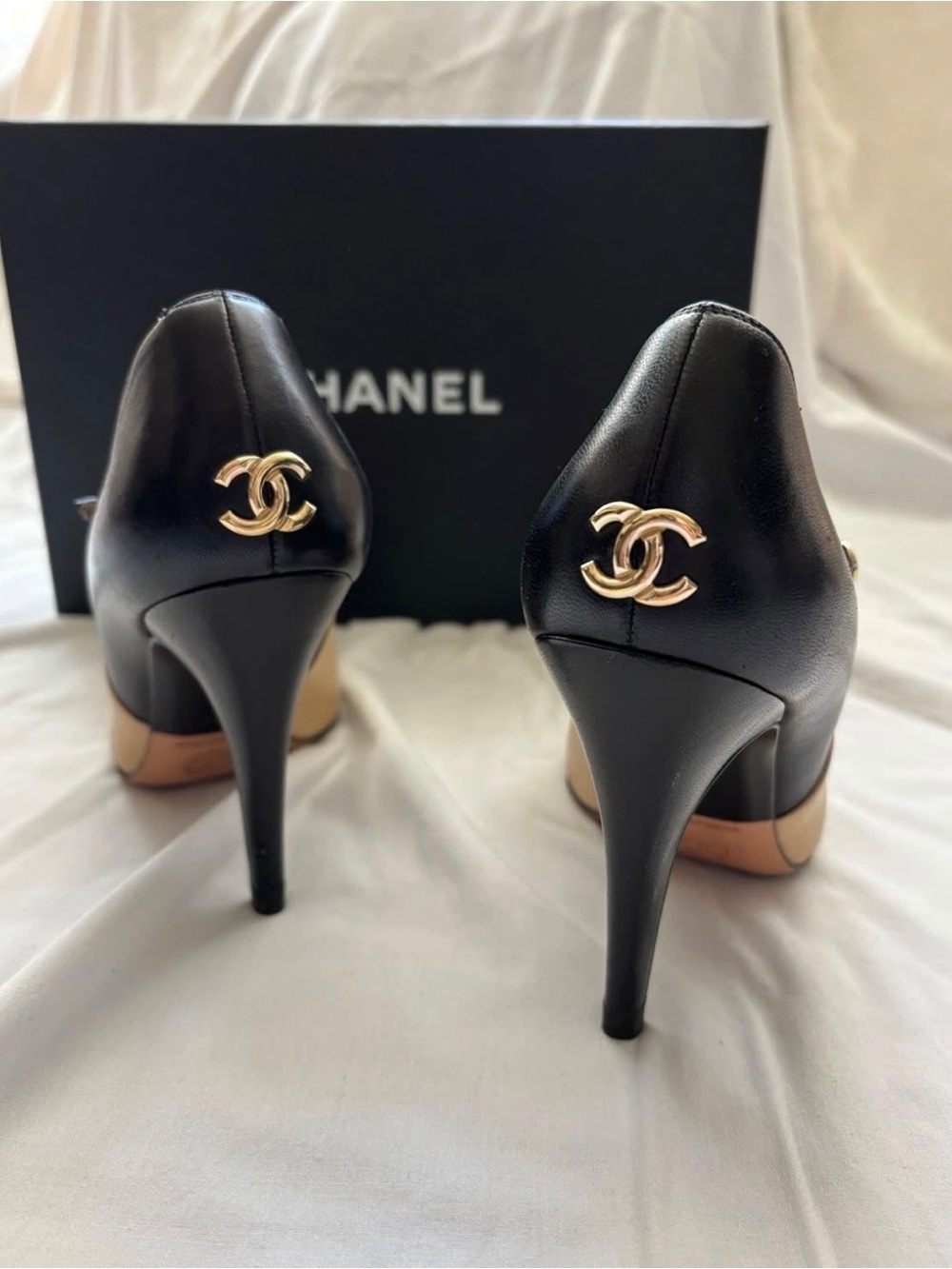 CHANEL Mary Jane Heels Beige/Black Size 37 with box